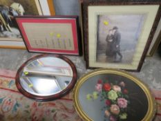 A QUANTITY OF ASSORTED PICTURES AND P[PRINTS TO INCLUDE AN OVAL MIRROR (8)