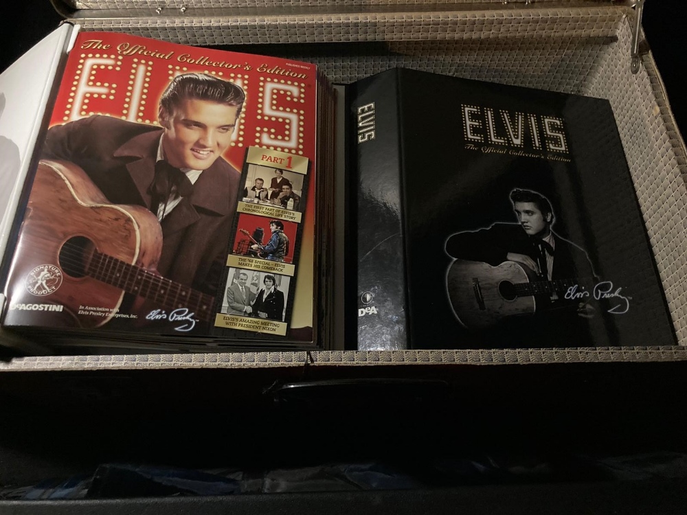 A VINTAGE SUITCASE CONTAINING FIVE HARDBACK FOLDERS FULL OF ELVIS THE OFFICIAL COLLECTORS EDITION MA