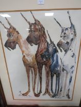 A LARGE FRAMED AND GLAZED PRINT DEPICTING FOUR GREAT DANE DOGS 74 X 54.5 CM