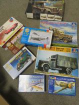 NINE MODEL KITS TO INCLUDE ITALERI DEMAG D7 HALF TRACK, ITALERI OPEL BLITZ, REVELL DEMAG 1t HALF