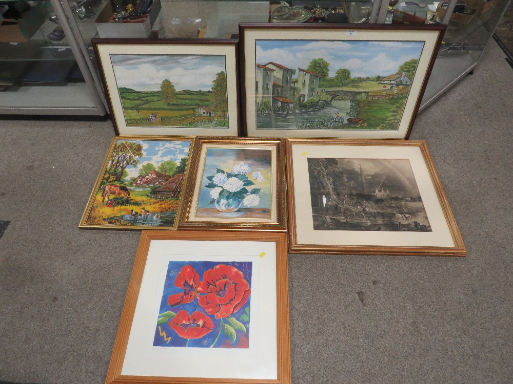 A COLLECTION OF ASSORTED PICTURES AND PRINTS, TO INCLUDE A ROBIN MULLER PRINT, NAIVE OIL, NEEDLEWORK - Image 6 of 13