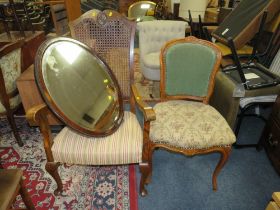 A VINTAGE BERGERE ARMCHAIR, BEDROOM CHAIR & OVAL MIRROR (3)
