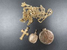 A HALLMARKED 9 CARAT GOLD ST CHRISTOPHER PENDANT AND LOCKET, 9CT GOLD CROSS, AND CHAIN STAMPED