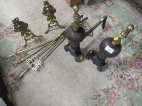 TWO PAIRS OF METAL FIRE DOGS , FIRE COMPANION ITEMS ETC