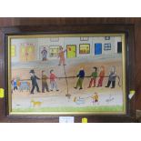 A NAIVE OIL ON BOARD PAINTING OF A TUG OF WAR / STREET SCENE SIGNED B. BLOOD LOWER RIGHT 20.5 X 30.5