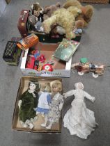 THREE TRAYS OF ASSORTED DOLLS, SOFT TOYS ETC TO INCLUDE A SNOOPY STYLE PULL ALONG DOG