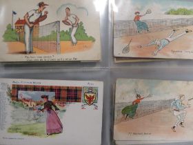 TWO ALBUMS OF VINTAGE POSTCARDS TO INCLUDE MANY TENNIS THEMED EXAMPLES