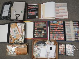 A STAMP COLLECTION TO INCLUDE FIVE LARGE STAMP ALBUMS / STOCK BOOKS,. THREE CANADIAN AND TWO