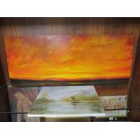 AN ABSTRACT OIL ON CANVAS OF A SUNSET TOGETHER WITH A SMALLER CANVAS OF A RIVER LANDSCAPE SIGNED