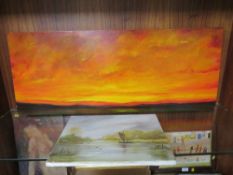 AN ABSTRACT OIL ON CANVAS OF A SUNSET TOGETHER WITH A SMALLER CANVAS OF A RIVER LANDSCAPE SIGNED
