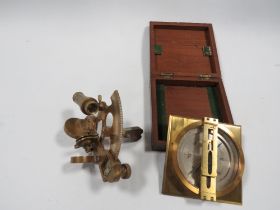 A WOODEN BOXED BRASS COMPASS TOGETHER WITH A SMALL BRASS THEODOLITE BY STANLEY, LONDON