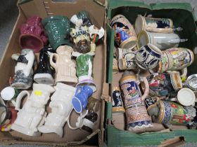 TWO TRAYS OF ASSORTED BEER STEINS, CHARACTER JUGS ETC