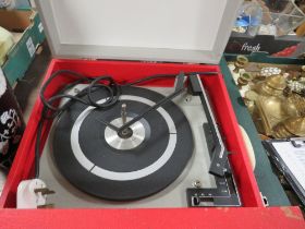 A VINTAGE FIDELITY PORTABLE RECORD PLAYER AND RECORDS