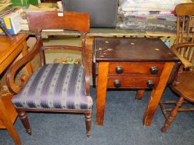 AN ANTIQUE MAHOGANY ARMCHAIR & TWO DRAWER TABLE A/F (2)