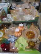 THREE TRAYS OF ASSORTED GLASSWARE TO INCLUDE DECANTERS , VASES ETC