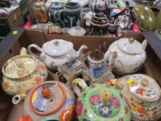 TWO TRAYS OF ASSORTED CERAMICS TEAPOTS ETC TO INCLUDE A BARGE WARE EXAMPLE