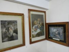 THREE ANTIQUE MAPLE FRAMED PRINTS TO INCLUDE DUCK SHOOTING (FOYER)
