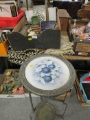 A VINTAGE METAL WASHSTAND TOGETHER WITH A VINTAGE INDIAN THROW & A TRAY OF COLLECTABLES