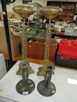 A PAIR OF PEWTER ART NOUVEAU CANDLESTICKS & A LARGE PAIR OF BRASS ASHTRAYS