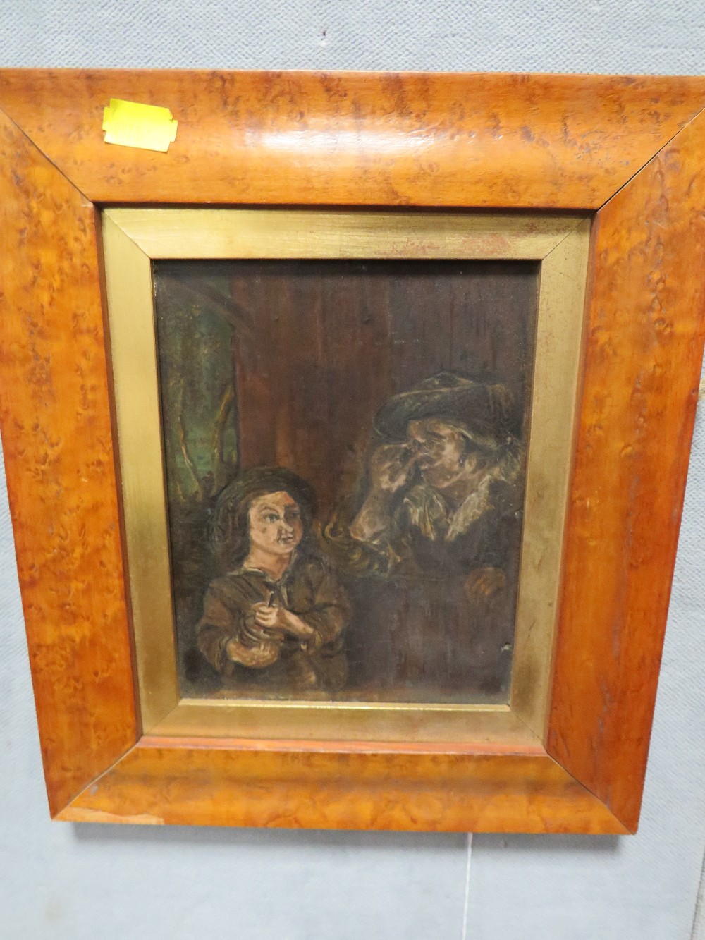 (XIX). Continental school, naive study of a man and boy, the boy with a glass jar, unsigned, oil