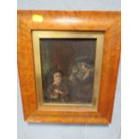 (XIX). Continental school, naive study of a man and boy, the boy with a glass jar, unsigned, oil