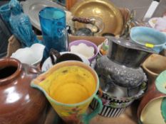 A TRAY OF ASSORTED CERAMIC AND GLASS ETC TO INCLUDE ART DECO JUG