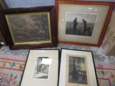 A 19TH CENTURY ROSEWOOD FRAMED ENGRAVING TOGETHER WITH THREE FURTHER PRINTS (4)