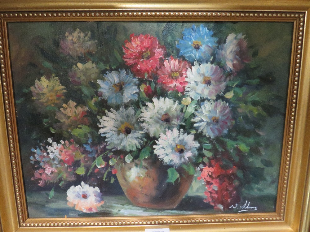 A MODERN STILL LIFE STUDY OF FLOWERS IN A VASE, SIGNED LOWER RIGHT W. ADAMS 29 X 39 CM