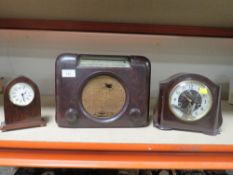 A VINTAGE BAKELITE BUSH RADIO A/F TOGETHER WITH A SMITHS MANTLE CLOCK AND ANOTHER (3)