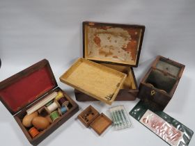 THREE WOODEN BOXES TO INCLUDE A TUNBRIDGE WARE TEA CADDY TOGETHER WITH A SMALL QUANTITY OF COINS AND