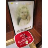 A VINTAGE FRAMED ADVERTISING PRINT FOR EKCO RADIO TOGETHER WITH A VINTAGE CARDBOARD SIGN FOR