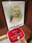 A VINTAGE FRAMED ADVERTISING PRINT FOR EKCO RADIO TOGETHER WITH A VINTAGE CARDBOARD SIGN FOR