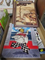 TWO CERAMIC TILE PICTURE PLAQUES TOGETHER WITH TWO MARQUETRY PICTURES