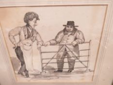 A 19TH CENTURY SEPIA WATERCOLOUR OF TWO FIGURES CONVERSING AT A GATE, 24.5 X 27 CM