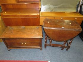 AN OAK BARLEYTWIST DROPLEAF TABLE & A BLANKET BOX (3)