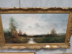 AN OIL ON CANVAS DEPICTING A COUNTRY LANDSCAPE SIGNED LOWER LEFT, 40 X 80 CM