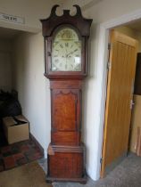 AN ANTIQUE OAK AND MAHOGANY EIGHT DAY LONGCASE CLOCK - NO WEIGHTS A/F