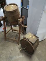 TWO VINTAGE BUTTER CHURNS - ONE BEING ON ORIGINAL STAND