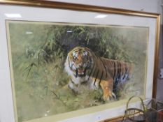DAVID SHEPHERD - A LARGE FRAMED AND GLAZED PRINT OF A TIGER, SIGNED 64 X 102 CM