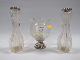 A HALLMARKED SILVER BASED GLASS VASE TOGETHER WITH A PAIR OF HALLMARKED SILVER RIMMED BUD VASES