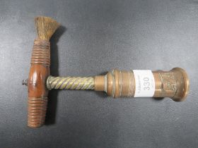 AN ANTIQUE DOWLER PATENT WRYTHEN HELIX CORKSCREW WITH TURN HANDLE AND BRUSH