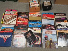 A COLLECTION OF 50+ LP RECORDS TO INCLUDE DEEP PURPLE, RAINBOW, LED ZEPPELIN, RUSH, OZZY OSBOURNE,