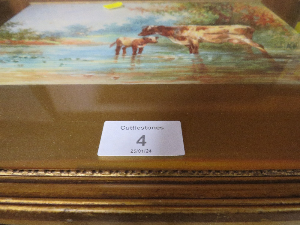 A GILT FRAMED AND GLAZED WATERCOLOUR OF CATTLE IN A STREAM SIGNED LOWER RIGHT 18 X 29 CM - Image 3 of 3
