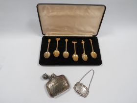A SET OF SHAKESPEARE SOUVENIR SPOONS, SILVER WINE LABEL AND SILVER PLATED SPRIT FLASK