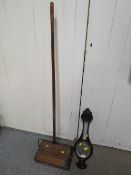 A VINTAGE THE BRITAIN WOODEN PUSH ALONG FLOOR CLEANER TOGETHER WITH A BAROMETER