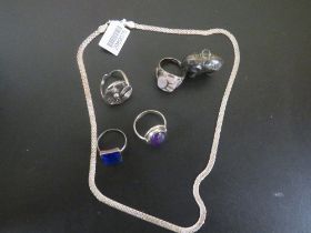 THREE 925 SILVER DRESS RINGS , WITH A HALLMARKED SILVER BABY RATTLE IN THE FORM OF AN ELEPHANT ETC