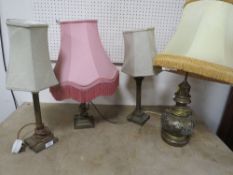 THREE BRASS GRECO ROMAN COLUMN STYLE TABLE LAMPS A/F, TOGETHER WITH A PIERCED BRASS TABLE LAMP (4)