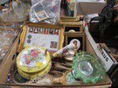 A TRAY OF ASSORTED MINIATURE PICTURE FRAMES, MAGNIFYING GLASS, DRESSING TABLE MIRROR ETC