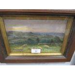 A FRAMED AND GLAZED WATERCOLOUR OF SHEEP GRAZING, HILLS BEYOND, SIGNED AND DATED RUTH CARTLIDGE