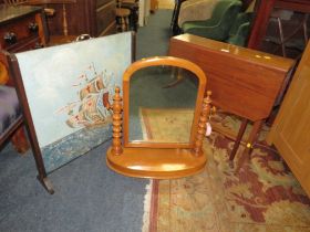 AN EDWARDIAN MAHOGANY SUTHERLAND TABLE, DRESSING MIRROR AND FIRESCREEN (3)